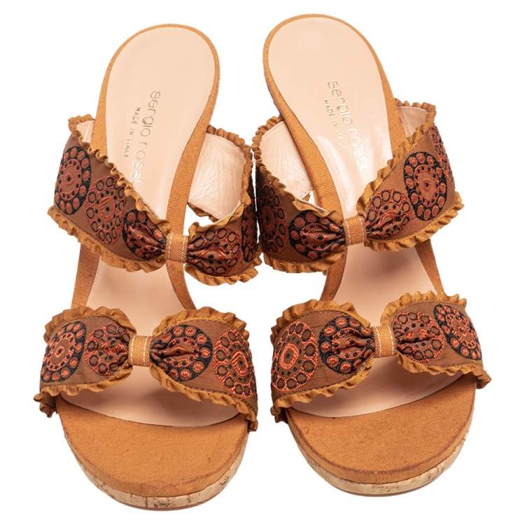 Pre Owned Sergio Rossi Mustard Brown Embroidered Fabric Double Bow Strap Slide Sandals Size 41