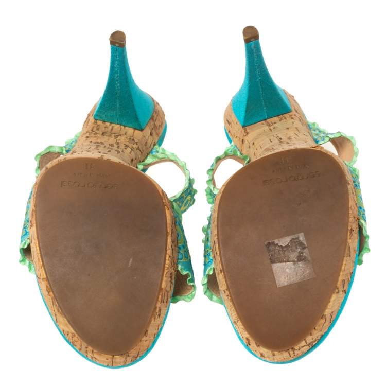 Pre Owned Sergio Rossi Blue/Green Embroidered Fabric and Pleated Trim Double Bow Slide Sandals Size 41 