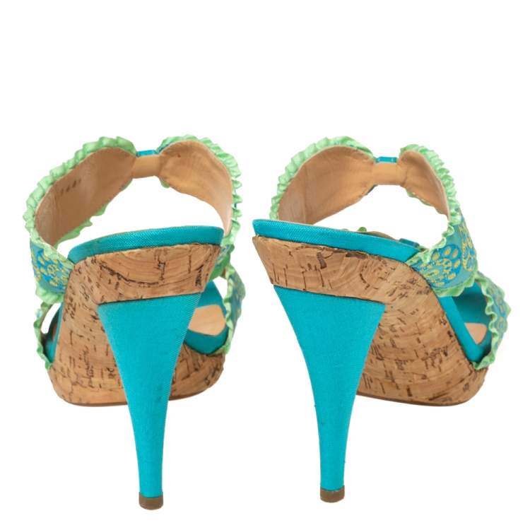 Pre Owned Sergio Rossi Blue/Green Embroidered Fabric and Pleated Trim Double Bow Slide Sandals Size 41 