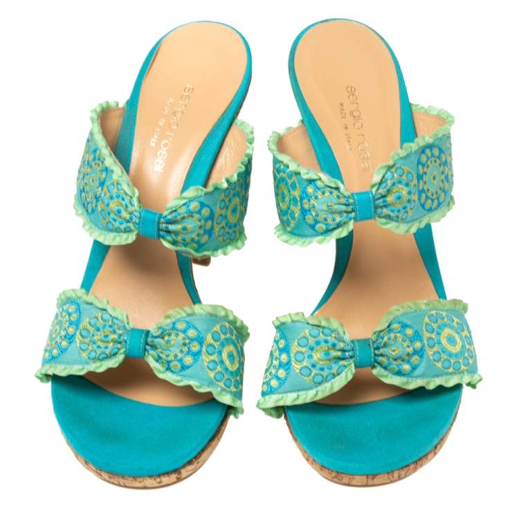 Pre Owned Sergio Rossi Blue/Green Embroidered Fabric and Pleated Trim Double Bow Slide Sandals Size 41 
