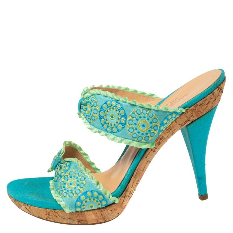 Pre Owned Sergio Rossi Blue/Green Embroidered Fabric and Pleated Trim Double Bow Slide Sandals Size 41 