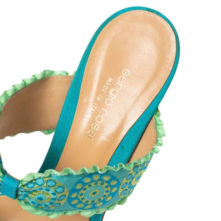 Pre Owned Sergio Rossi Blue/Green Embroidered Fabric and Pleated Trim Double Bow Slide Sandals Size 41 