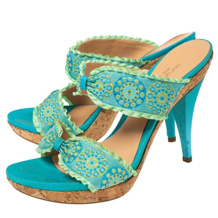 Pre Owned Sergio Rossi Blue/Green Embroidered Fabric and Pleated Trim Double Bow Slide Sandals Size 41 