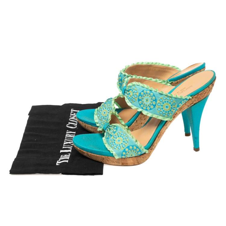 Pre Owned Sergio Rossi Blue/Green Embroidered Fabric and Pleated Trim Double Bow Slide Sandals Size 41 