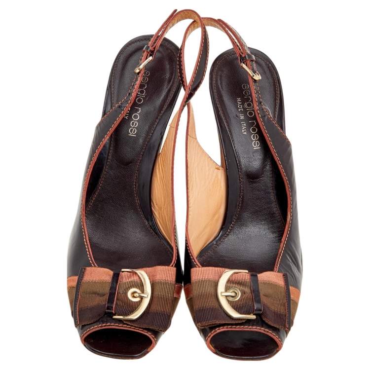 Pre Owned Sergio Rossi Dark Brown Leather And Fabric Peep Toe Sandals Size 38