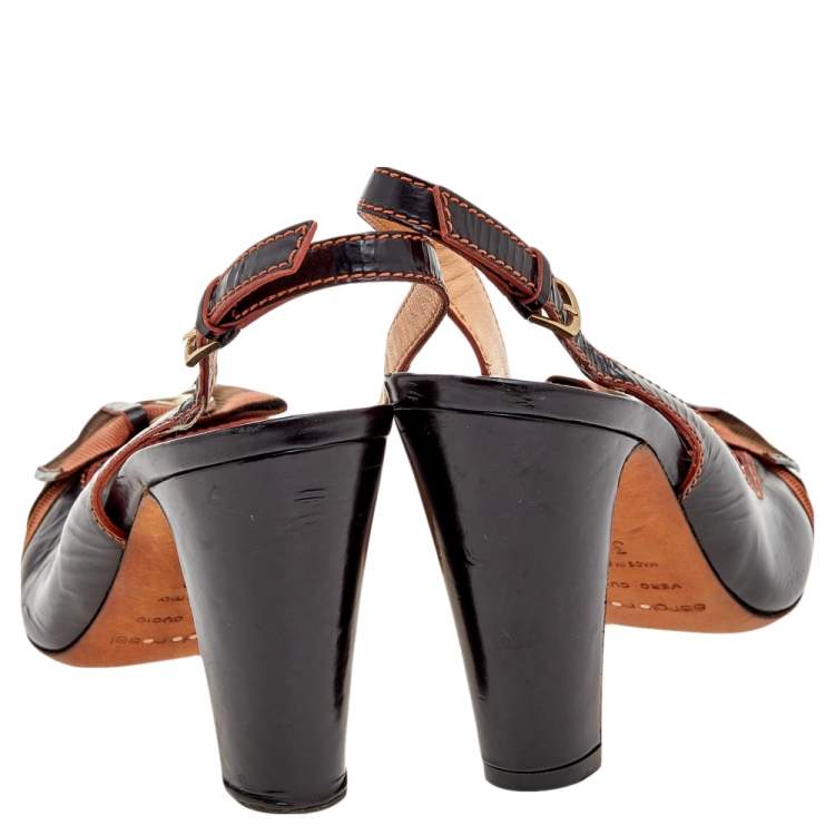 Pre Owned Sergio Rossi Dark Brown Leather And Fabric Peep Toe Sandals Size 38