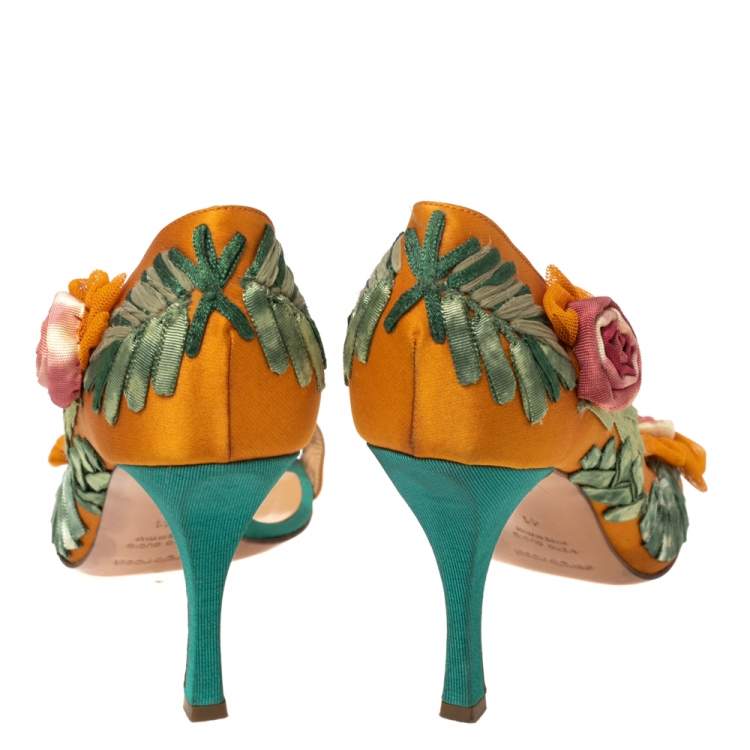 Pre Owned Sergio Rossi Orange Satin Floral Applique D'orsay Sandals Size 41