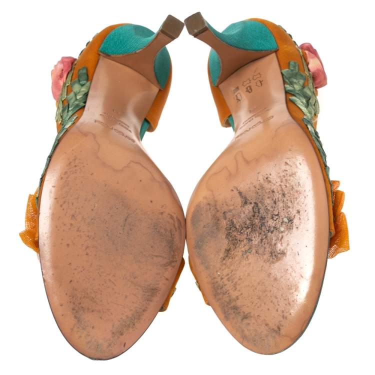 Pre Owned Sergio Rossi Orange Satin Floral Applique D'orsay Sandals Size 41