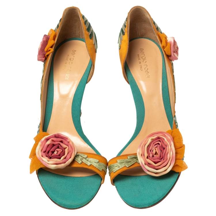 Pre Owned Sergio Rossi Orange Satin Floral Applique D'orsay Sandals Size 41