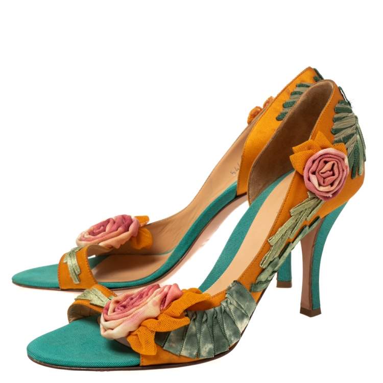 Pre Owned Sergio Rossi Orange Satin Floral Applique D'orsay Sandals Size 41