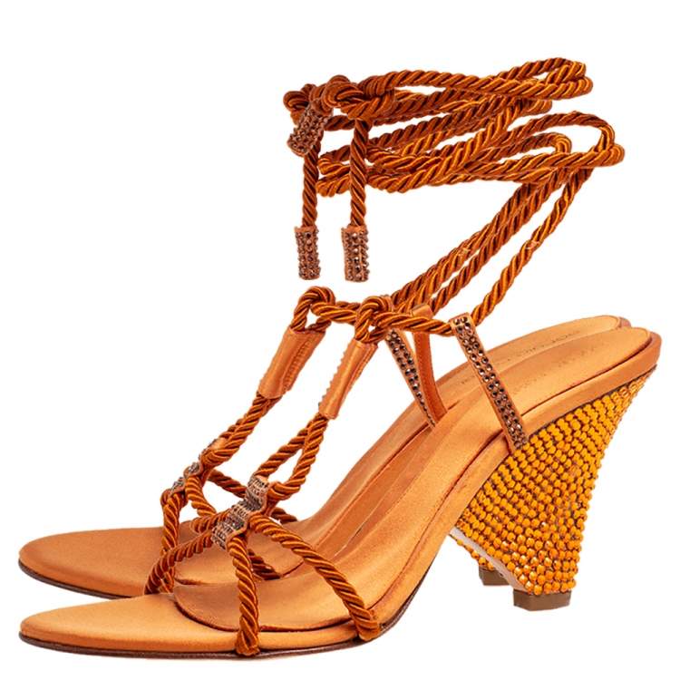 Pre Owned Sergio Rossi Rust Satin Rope Ankle-Wrap Sandals Size 41