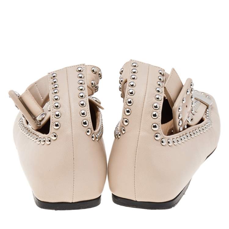 Pre Owned Sergio Rossi Beige Leather Studded Buckle Ankle Cuff Flats Size 39