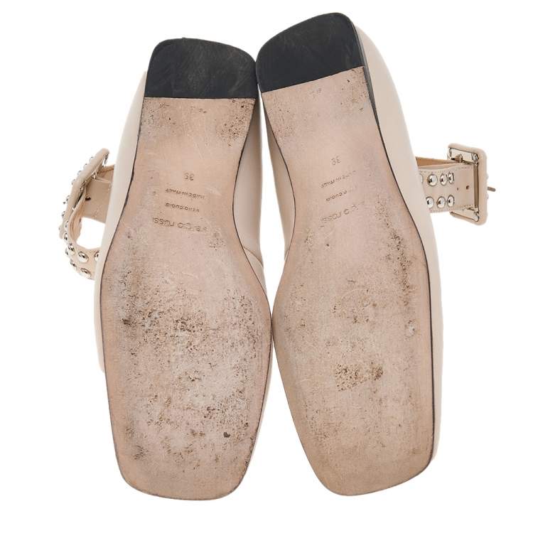 Pre Owned Sergio Rossi Beige Leather Studded Buckle Ankle Cuff Flats Size 39