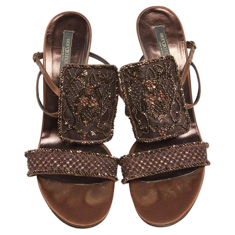 Pre Owned Sergio Rossi Brown Satin Embellished Ankle Strap Sandals Size 42