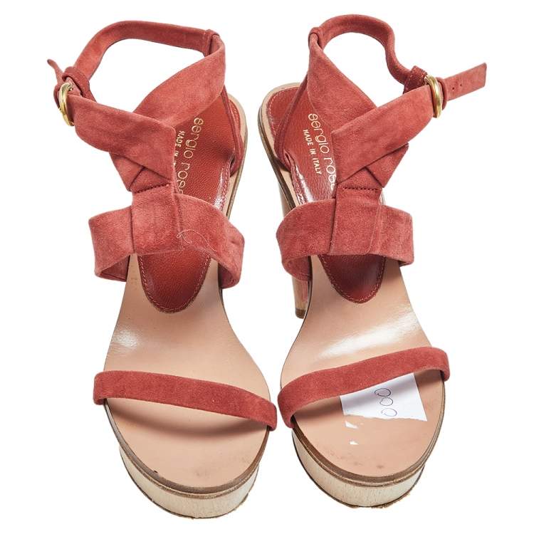 Pre Owned Sergio Rossi Berry Red Suede Ankle-Strap Platform Sandals Size 37.5