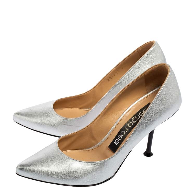 Pre Owned Sergio Rossi Silver Leather Pointed-Toe Pumps Size 36.5 