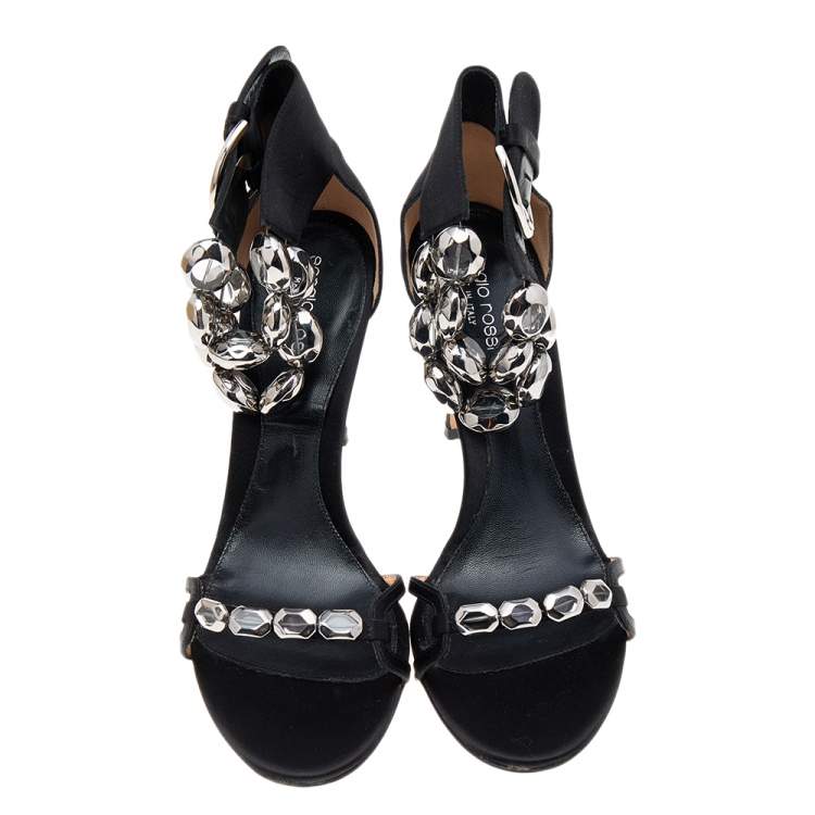 Pre Owned Sergio Rossi Black Satin Embellished Ankle Strap Sandals Size 38.5