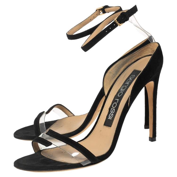 Pre Owned Sergio Rossi Black Suede And PVC Ankle Strap Sandals Size 37