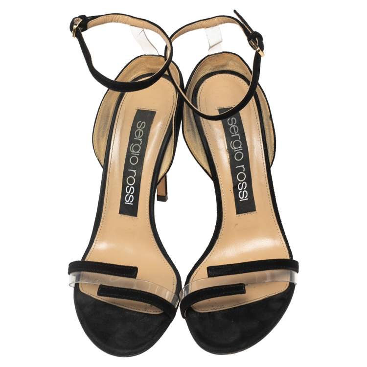 Pre Owned Sergio Rossi Black Suede And PVC Ankle Strap Sandals Size 37