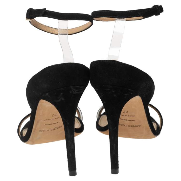 Pre Owned Sergio Rossi Black Suede And PVC Ankle Strap Sandals Size 37