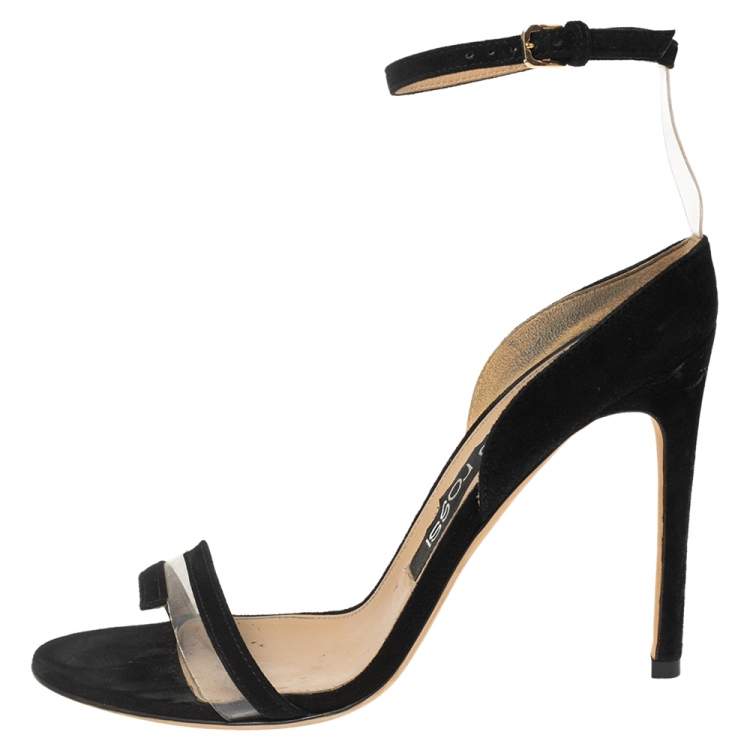 Pre Owned Sergio Rossi Black Suede And PVC Ankle Strap Sandals Size 37