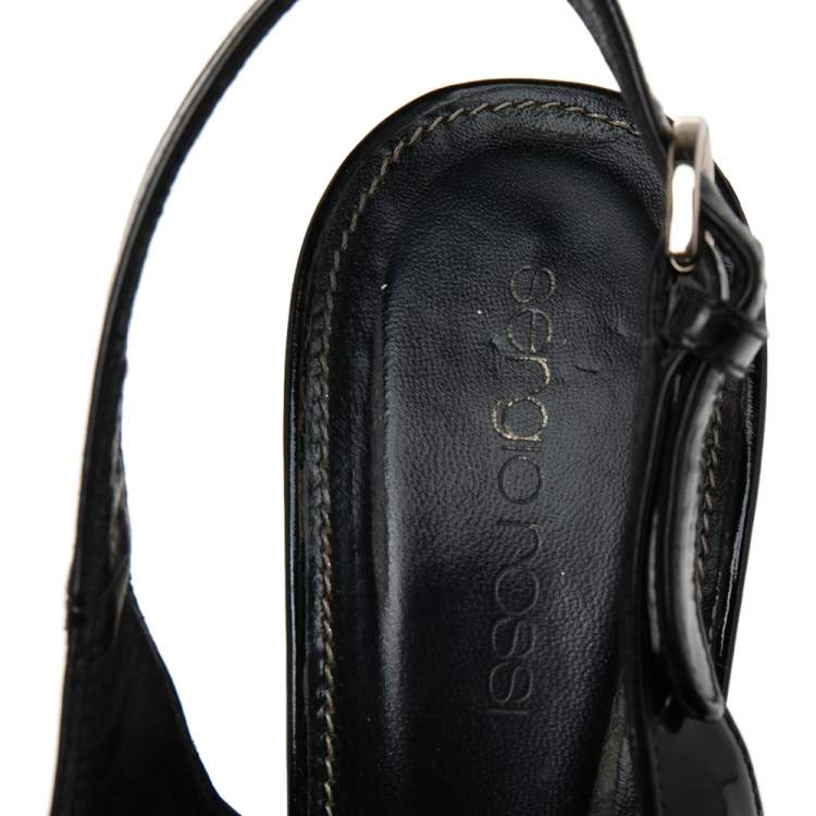 Pre Owned Sergio Rossi Black Patent Leather Platform Wedge Slingback Sandals Size 39.5
