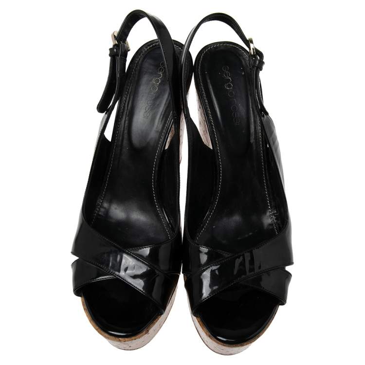 Pre Owned Sergio Rossi Black Patent Leather Platform Wedge Slingback Sandals Size 39.5
