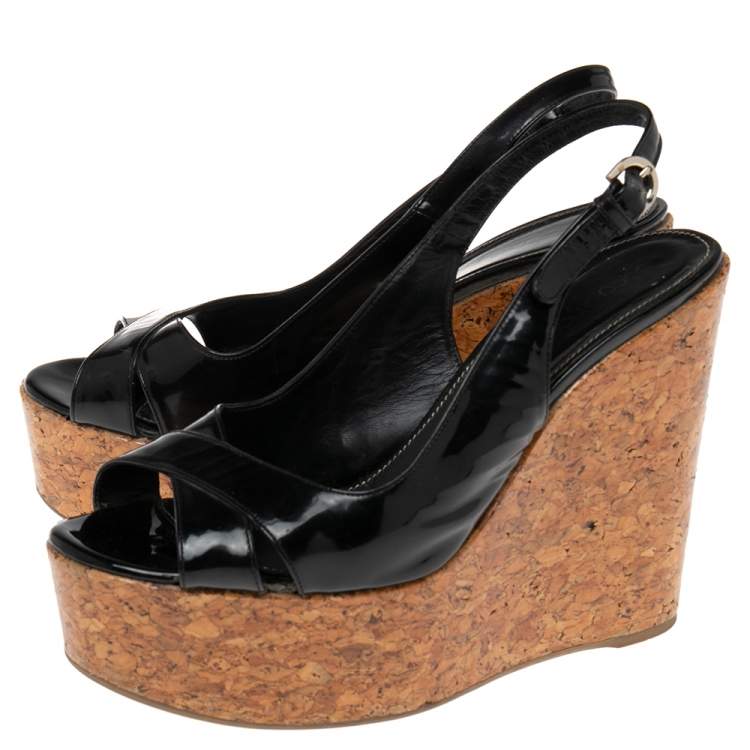 Pre Owned Sergio Rossi Black Patent Leather Platform Wedge Slingback Sandals Size 39.5