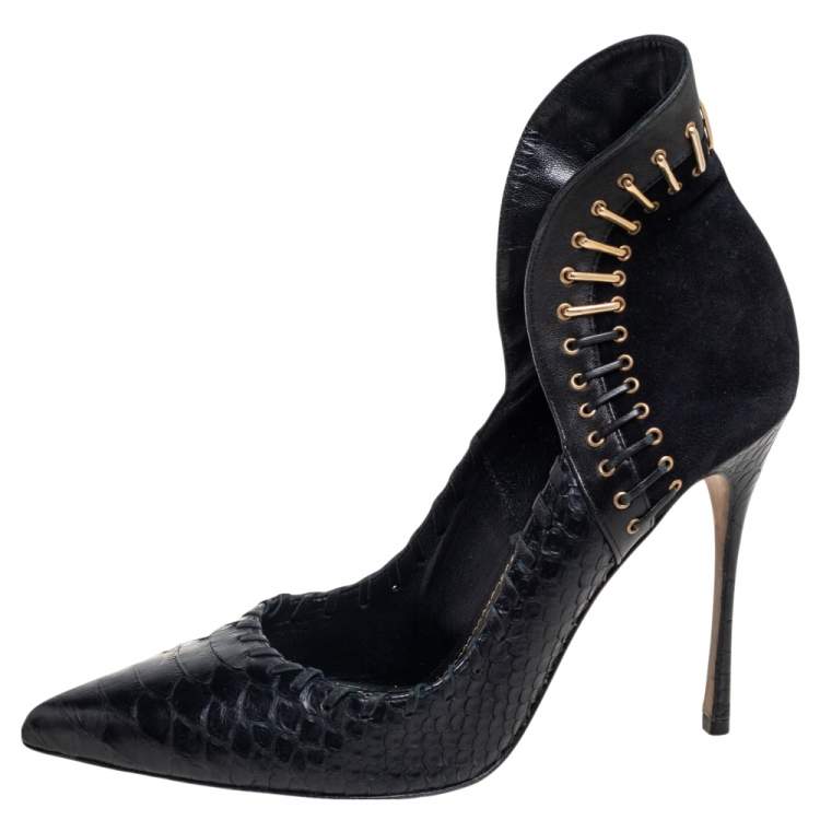 Pre Owned Sergio Rossi Black Suede And Python Leather Pointed Toe Pumps Size 39