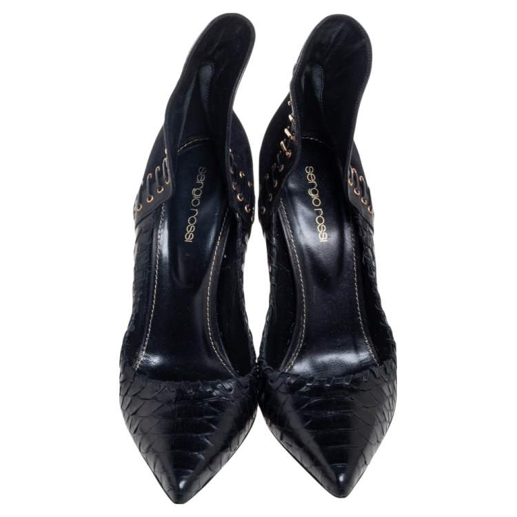 Pre Owned Sergio Rossi Black Suede And Python Leather Pointed Toe Pumps Size 39