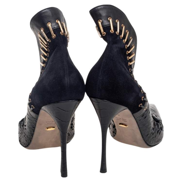 Pre Owned Sergio Rossi Black Suede And Python Leather Pointed Toe Pumps Size 39