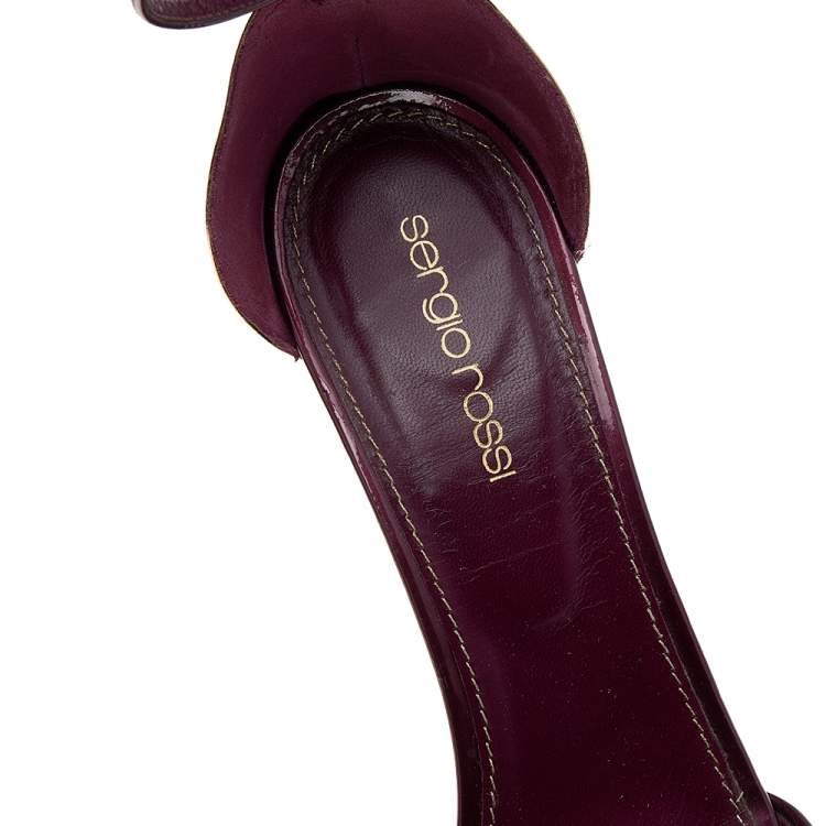 مملوكة مسبقًا Sergio Rossi Burgundy Patent Leather Metal Heel Ankle Strap Sandals Size 39