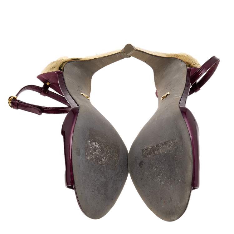 مملوكة مسبقًا Sergio Rossi Burgundy Patent Leather Metal Heel Ankle Strap Sandals Size 39