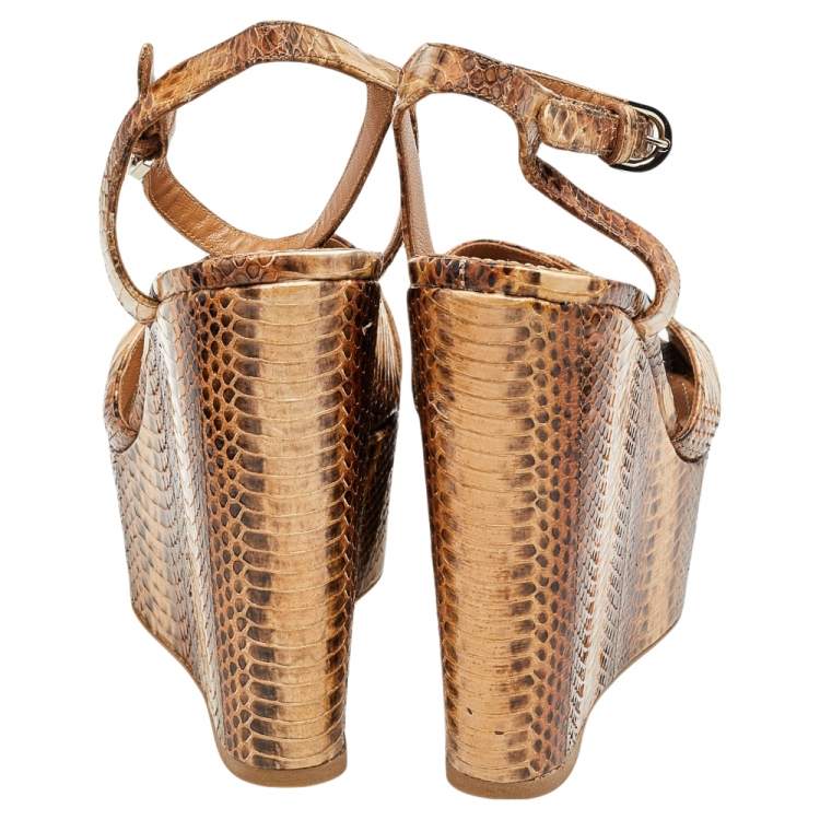 Pre Owned Sergio Rossi Brown Snakeskin Platform Wedge Sandals Size 39