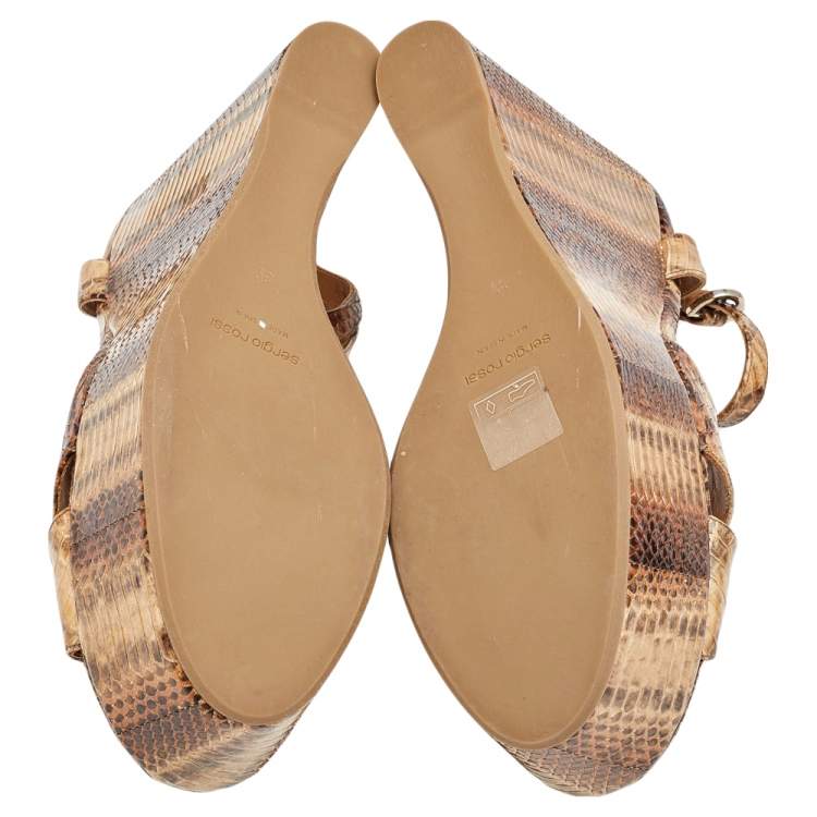 Pre Owned Sergio Rossi Brown Snakeskin Platform Wedge Sandals Size 39