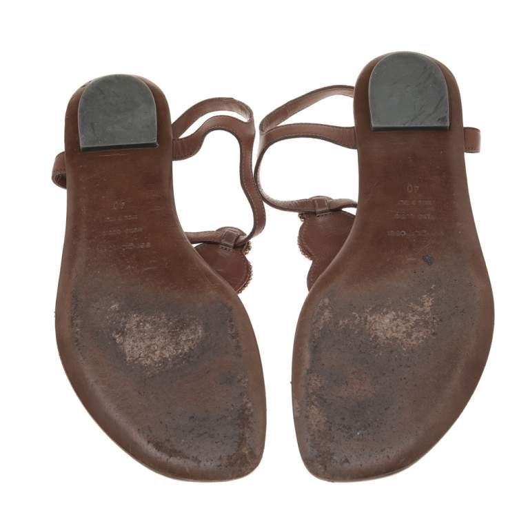 Pre Owned Sergio Rossi Brown Leather Ankle Strap Flats Size 40