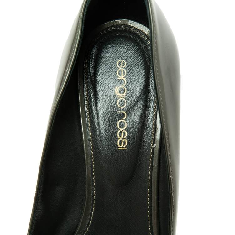 Pre Owned Sergio Rossi Hunter Green Patent Leather Round-Toe Platform Pumps Size 37.5