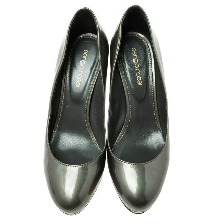 Pre Owned Sergio Rossi Hunter Green Patent Leather Round-Toe Platform Pumps Size 37.5