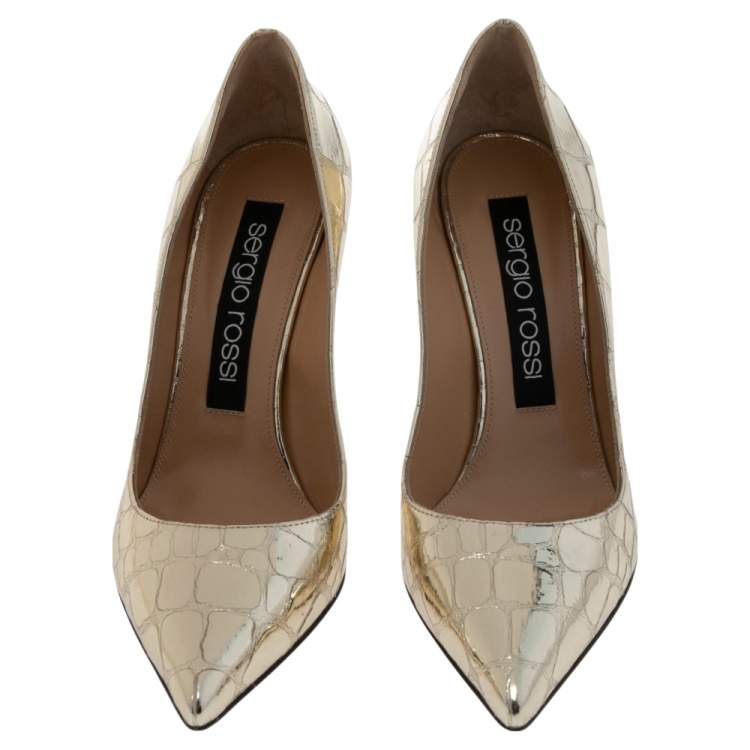 Pre Owned Sergio Rossi Gold Croc Embossed Leather Pointed Toe Pumps Size 39