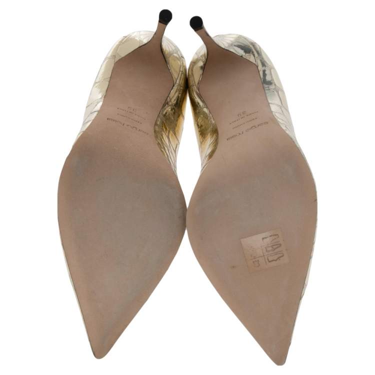 Pre Owned Sergio Rossi Gold Croc Embossed Leather Pointed Toe Pumps Size 39