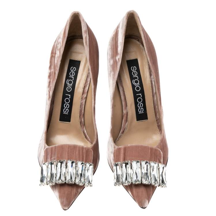 Pre Owned Sergio Rossi Pink Velvet  Crystal Embellished SR1 Pointed Toe Pumps Size 36