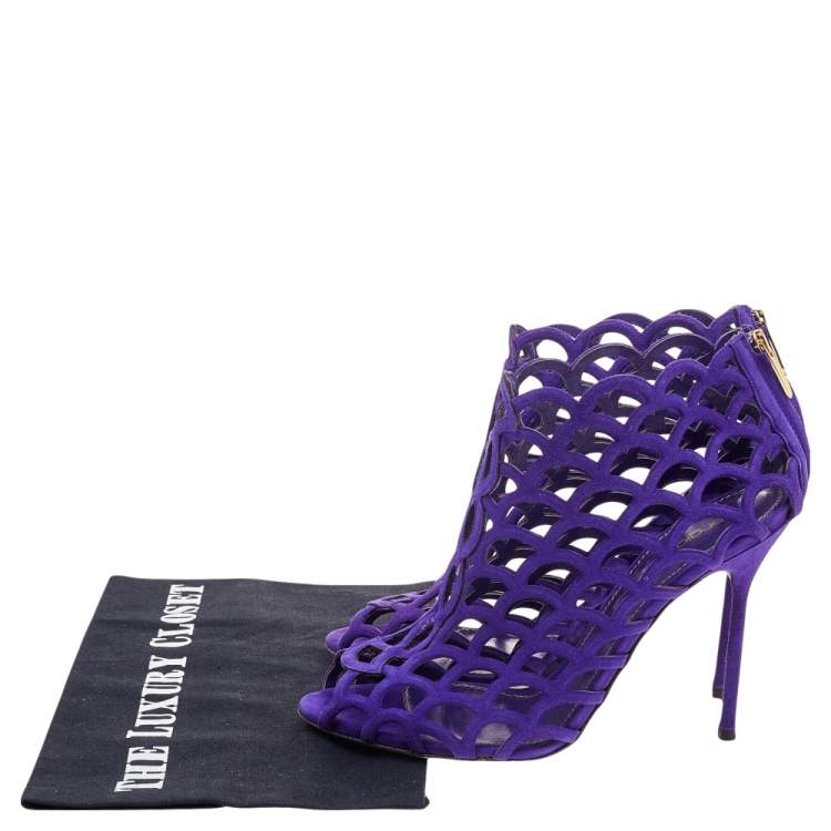 Pre Owned Sergio Rossi Purple Suede Scalloped Peep Toe Caged Booties Size 37