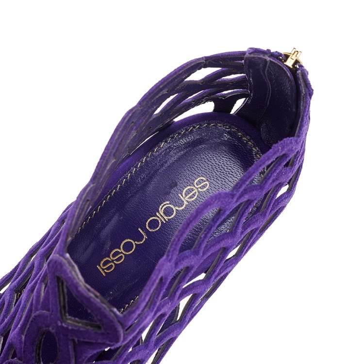 Pre Owned Sergio Rossi Purple Suede Scalloped Peep Toe Caged Booties Size 37