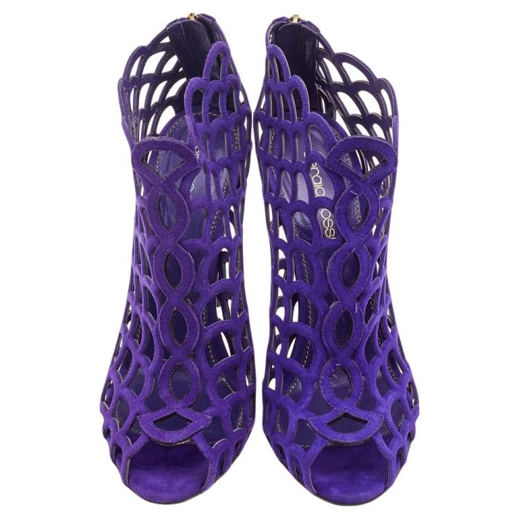 Pre Owned Sergio Rossi Purple Suede Scalloped Peep Toe Caged Booties Size 37