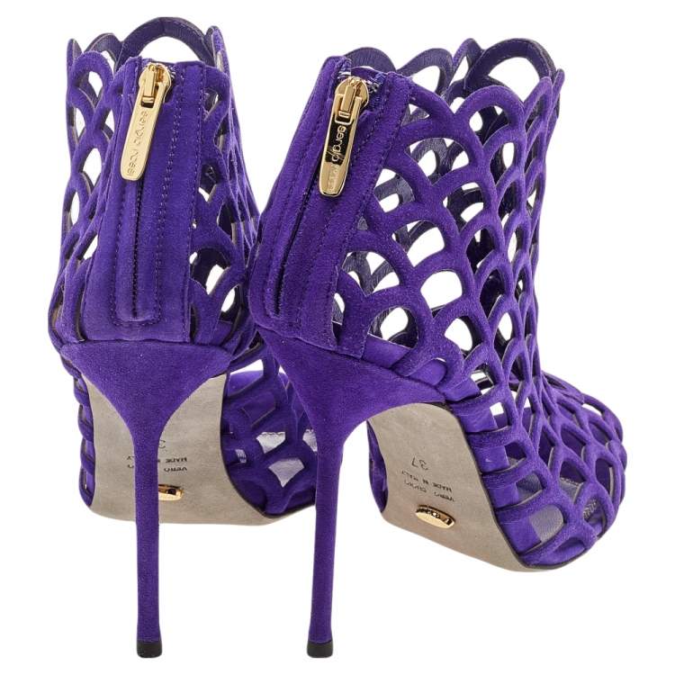 Pre Owned Sergio Rossi Purple Suede Scalloped Peep Toe Caged Booties Size 37