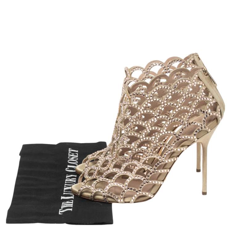 Pre Owned Sergio Rossi Beige Crystal Embellished Scalloped Suede Peep Toe Caged Booties Size 39