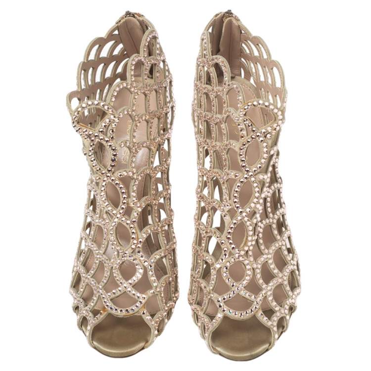 Pre Owned Sergio Rossi Beige Crystal Embellished Scalloped Suede Peep Toe Caged Booties Size 39