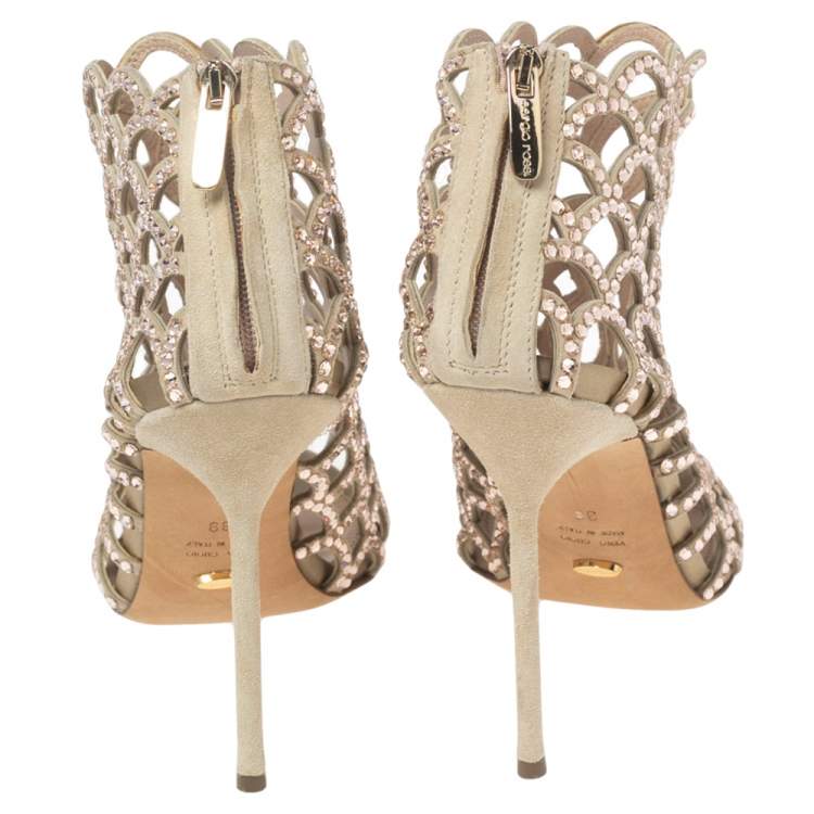 Pre Owned Sergio Rossi Beige Crystal Embellished Scalloped Suede Peep Toe Caged Booties Size 39