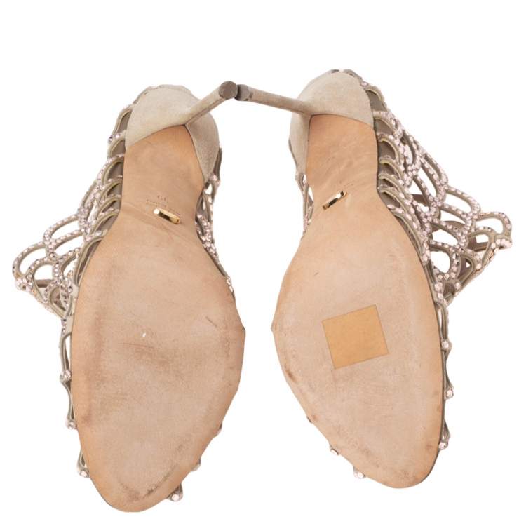 Pre Owned Sergio Rossi Beige Crystal Embellished Scalloped Suede Peep Toe Caged Booties Size 39