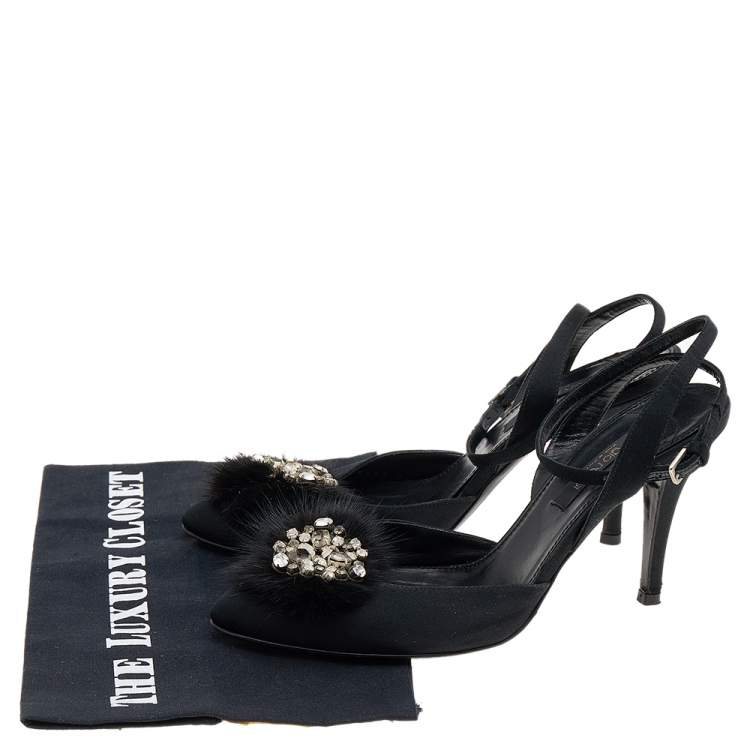 Pre Owned Sergio Rossi Black Fur And Satin Crystal Embellished Pointed Toe Ankle Strap Sandals Size 36